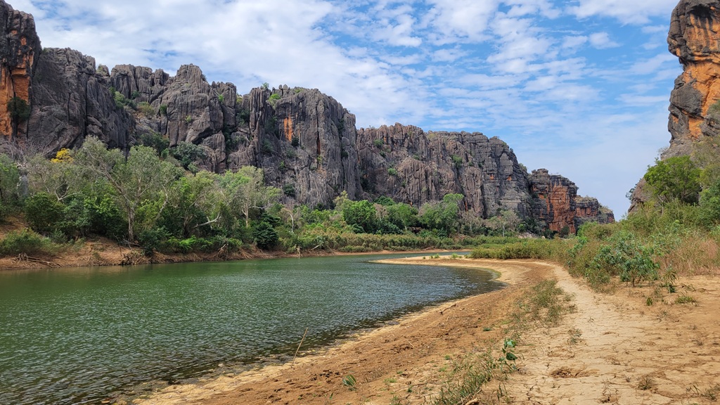 Windjana Gorge showing the cliffs and the water