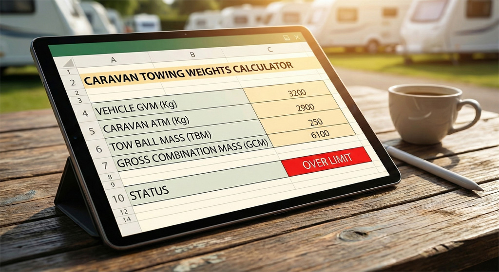 Caravan towing weights calculator spreadsheet on a tablet, illustrating an illegal 'OVER LIMIT' Gross Combination Mass (GCM) calculation