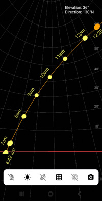 Augmented Reality (AR) sun-tracker app showing the solar path to help position a caravan solar panel away from future shade